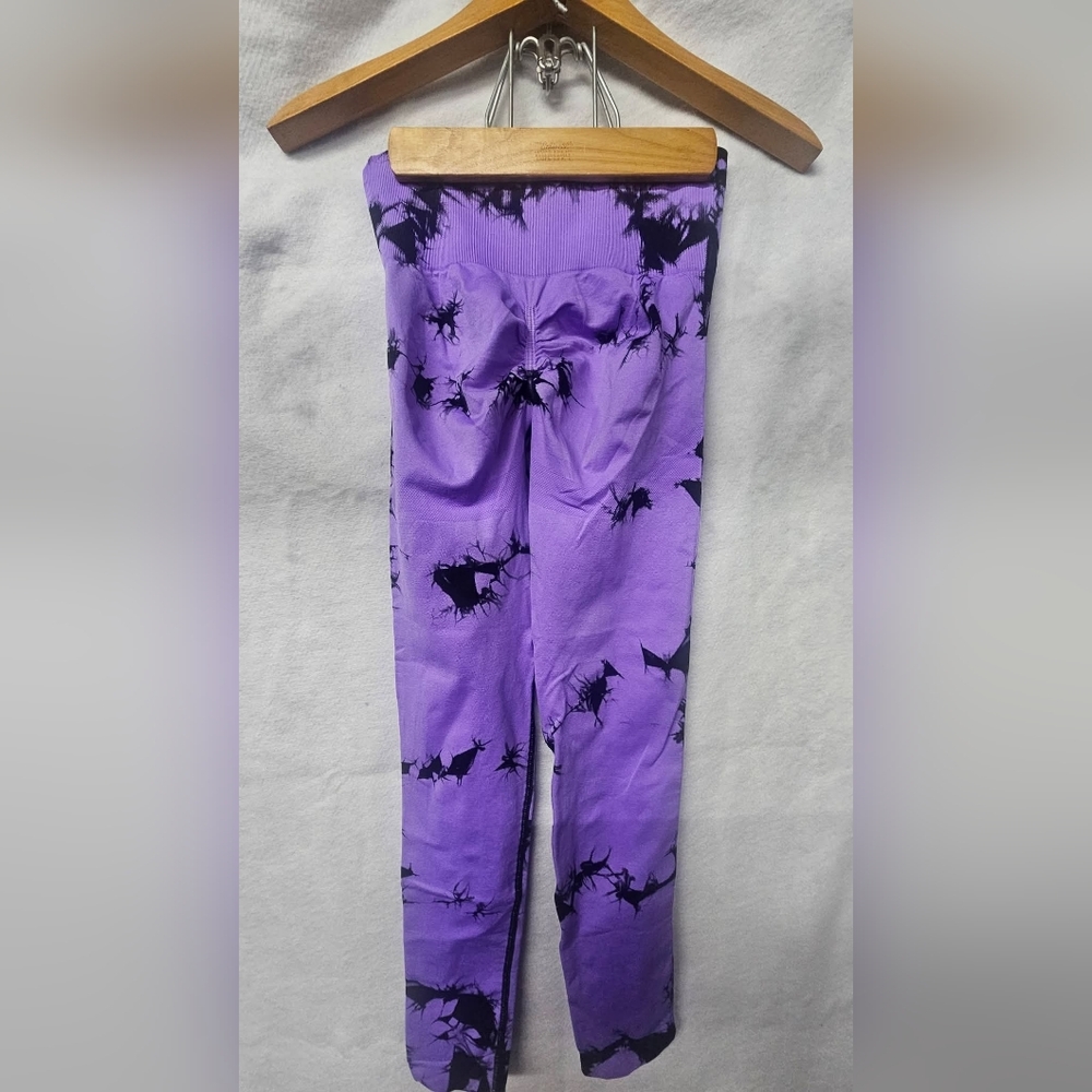 Purple Leggings with Black Tie-Dye Splatter